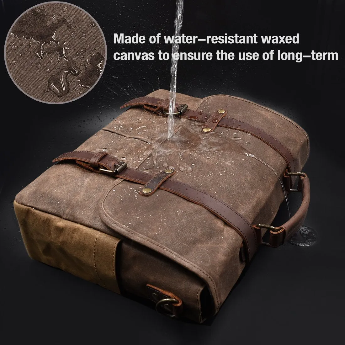 NEWHEY Messenger Bag, Waterproof Vintage Genuine Leather Waxed Canvas Briefcase Laptop Shoulder Bag