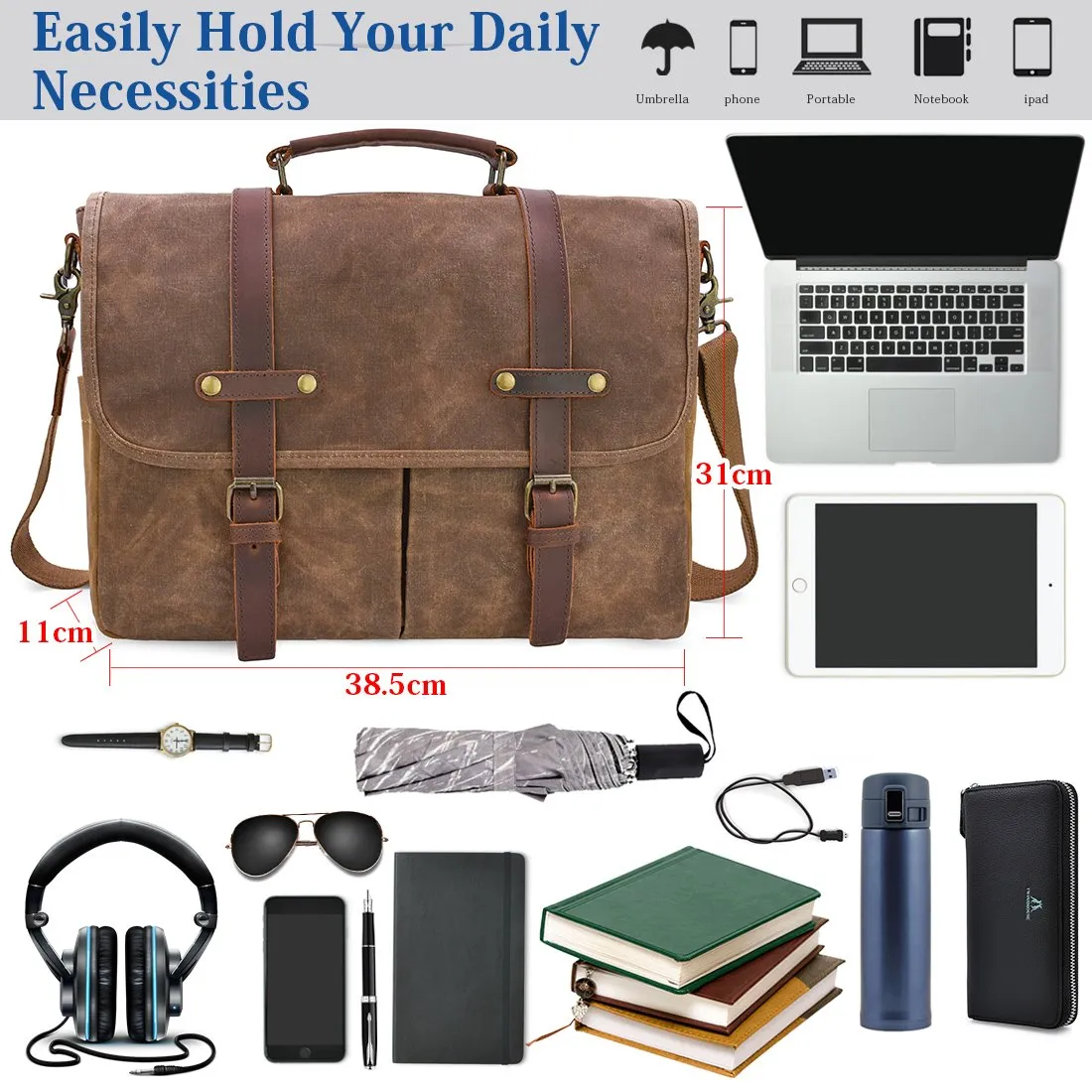 NEWHEY Messenger Bag, Waterproof Vintage Genuine Leather Waxed Canvas Briefcase Laptop Shoulder Bag