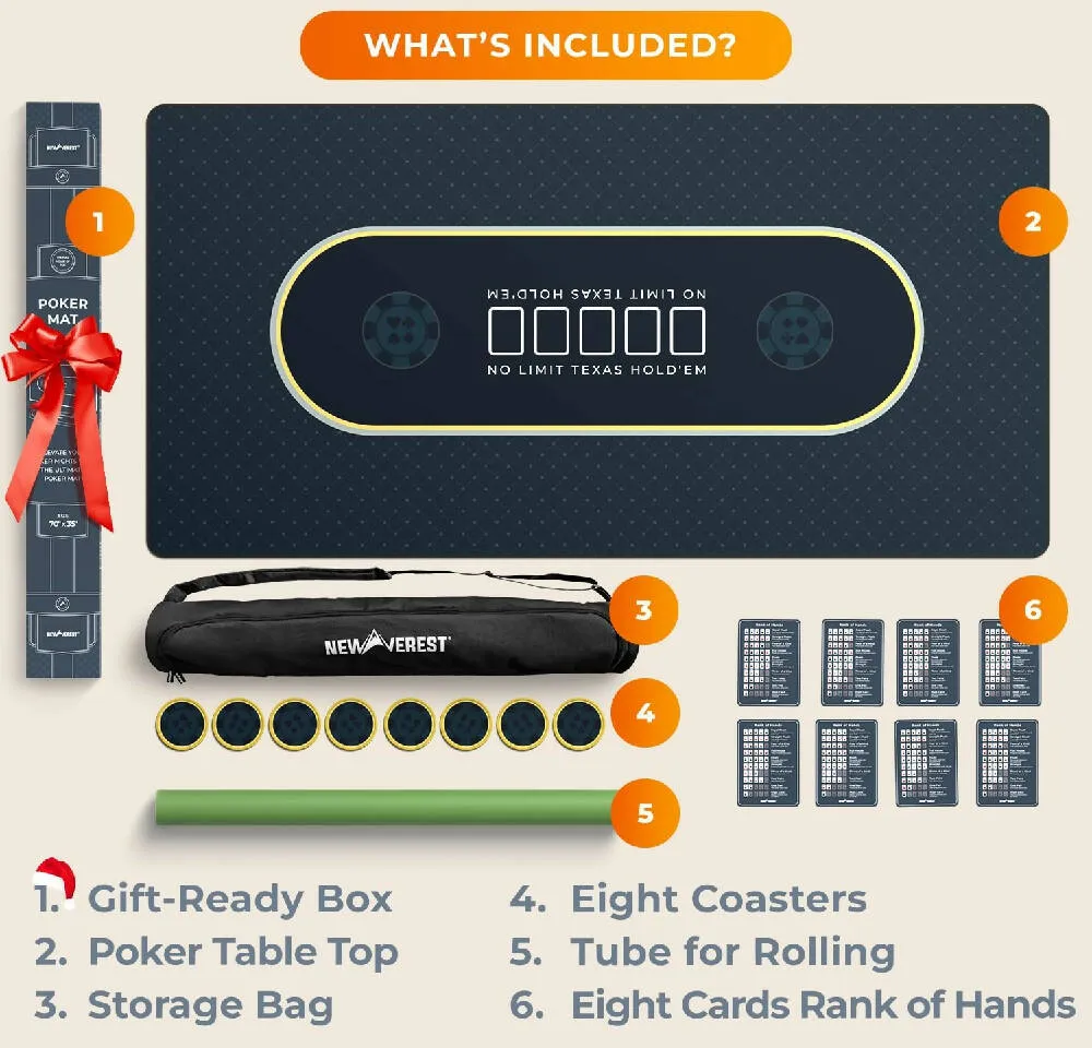 Newverest Poker Table Top 70" x 35", Texas Hold'em Poker Mat in Zipper Storage Bag with 8 Coasters in Gift-Ready Box for Home Game Nights Up to 10 Players