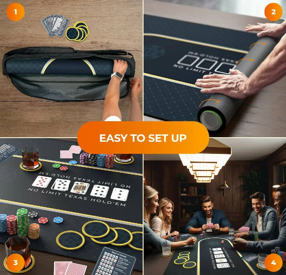 Newverest Poker Table Top 70" x 35", Texas Hold'em Poker Mat in Zipper Storage Bag with 8 Coasters in Gift-Ready Box for Home Game Nights Up to 10 Players