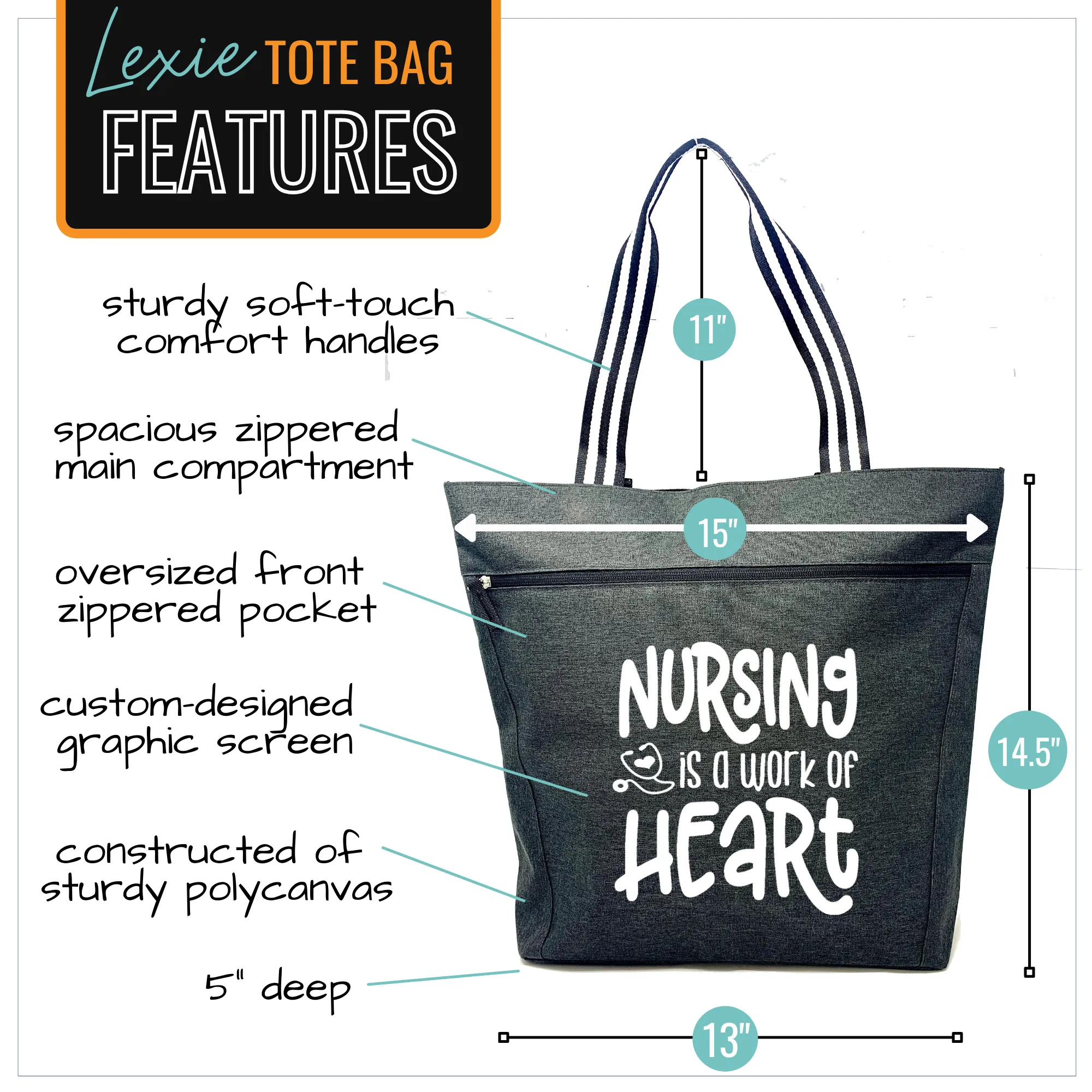 Nursing is a Work of Heart Black Lexie Tote Bag  for Medical Workers