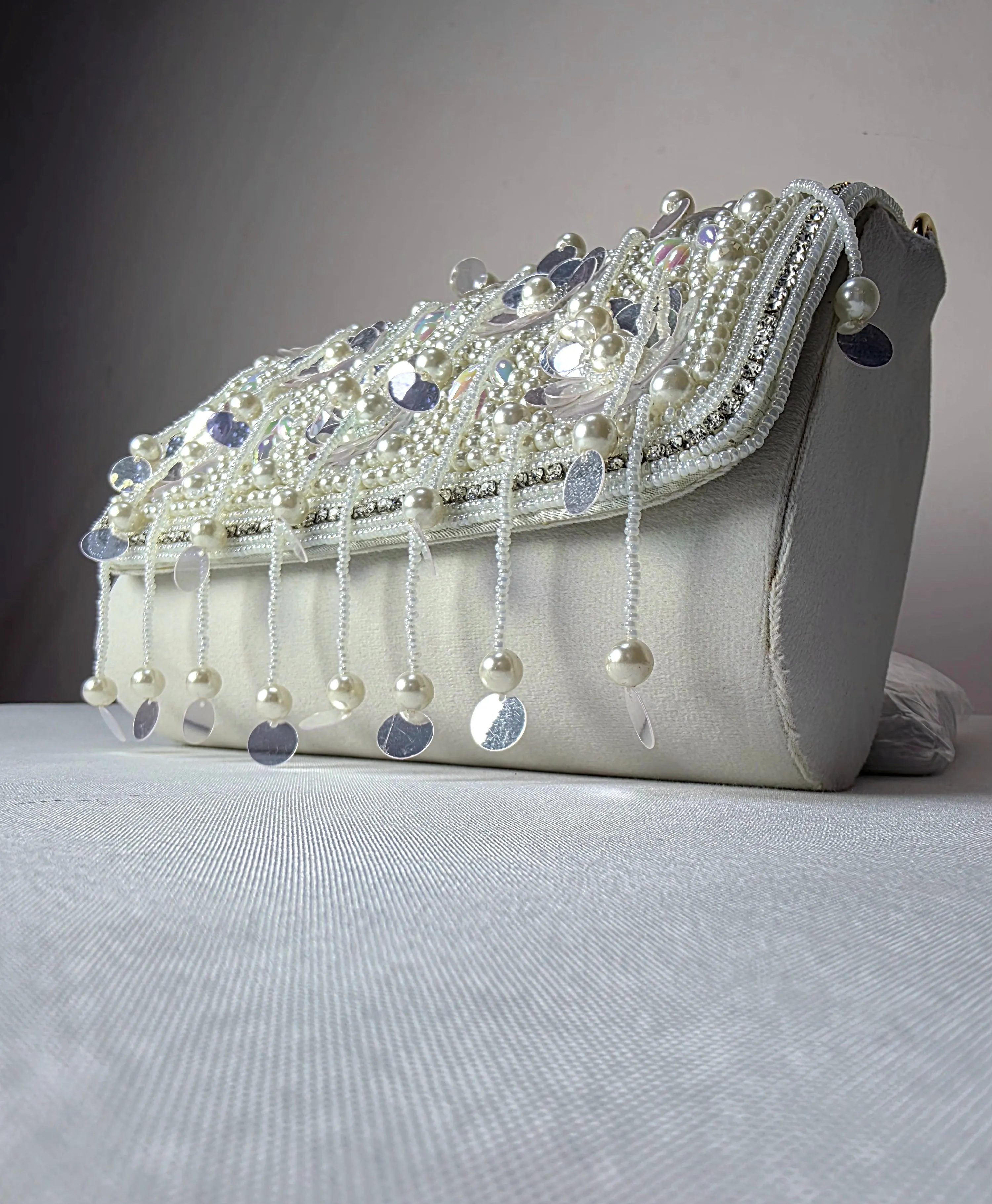 Opulent Pearl & Sequin Embellished Clutch with Detachable Strap