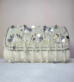 Opulent Pearl & Sequin Embellished Clutch with Detachable Strap