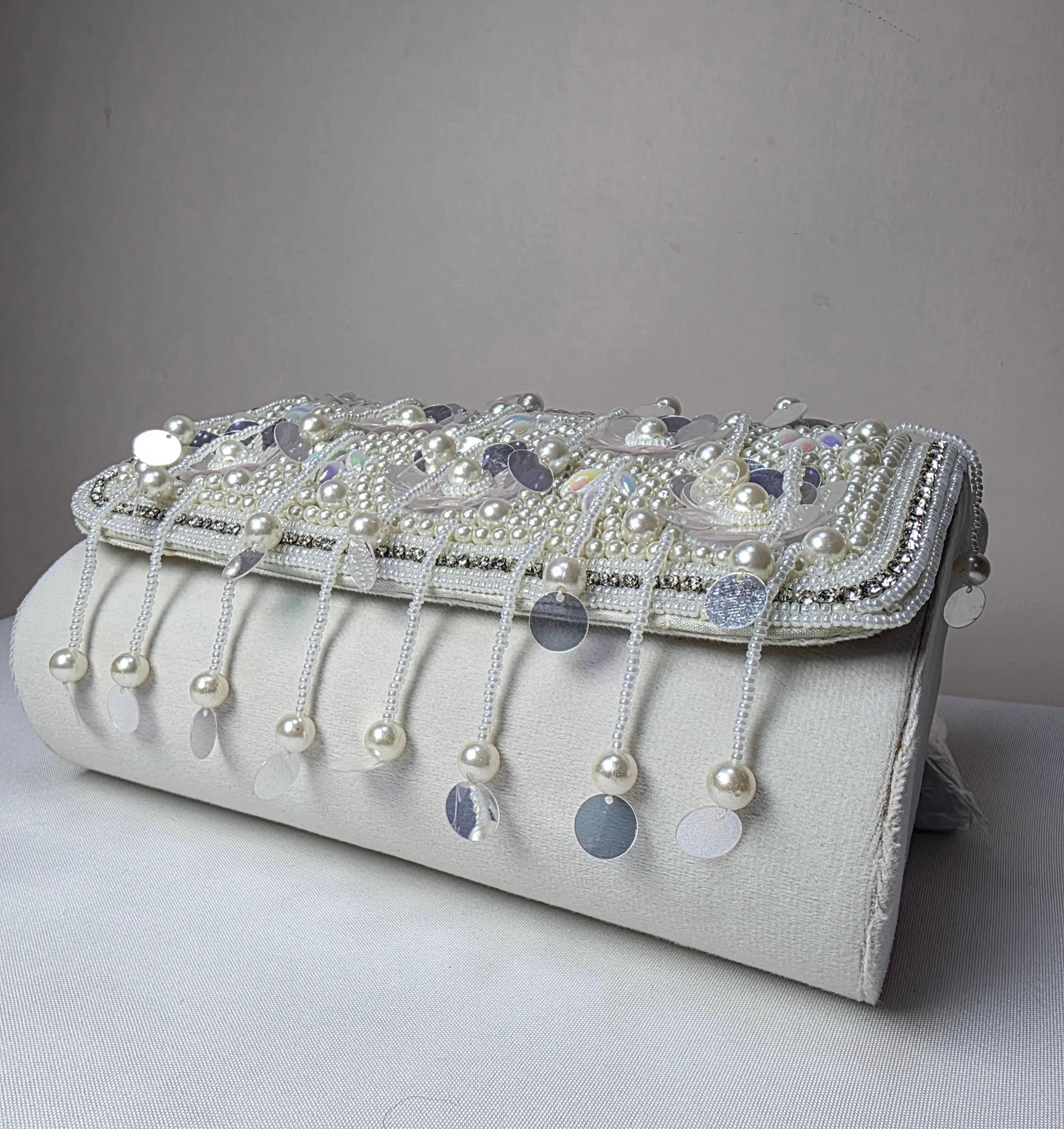 Opulent Pearl & Sequin Embellished Clutch with Detachable Strap