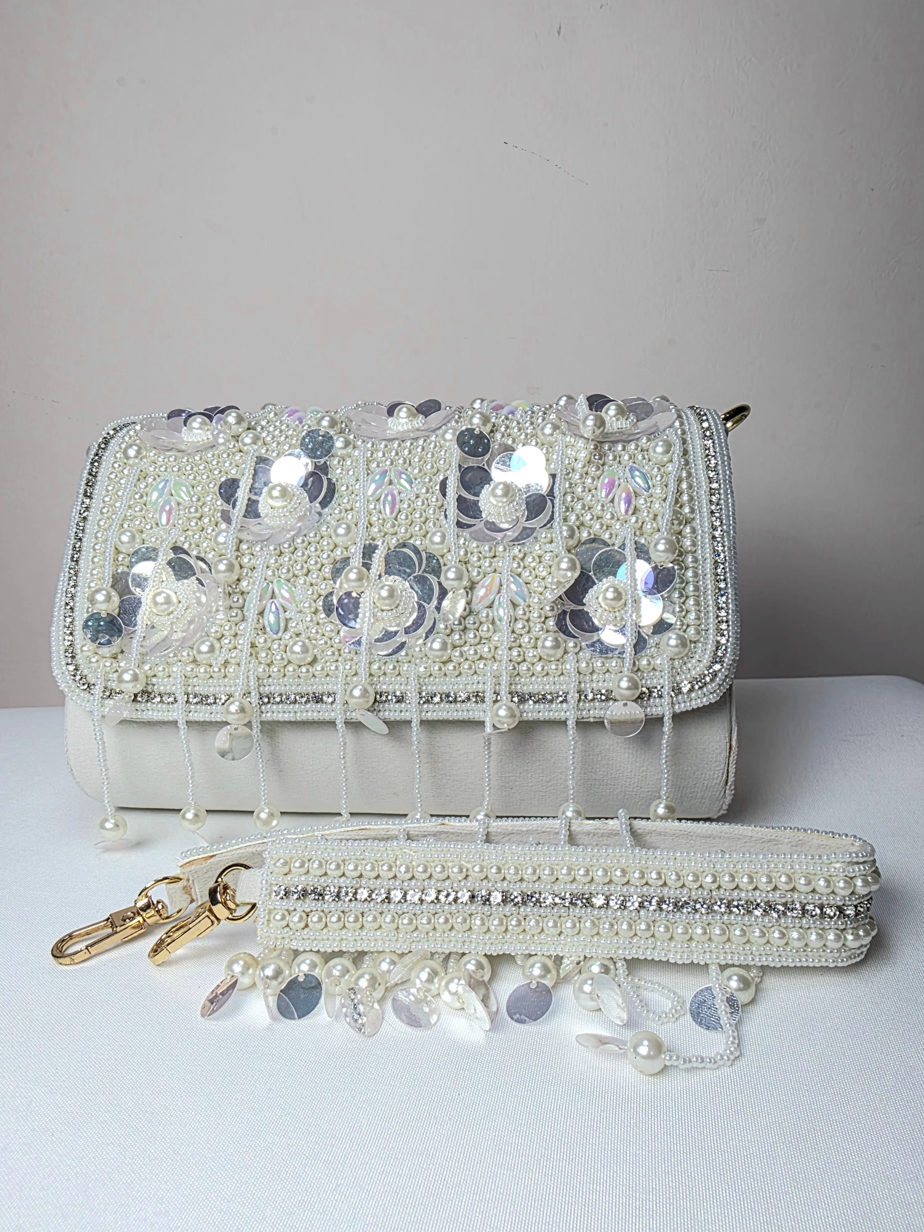 Opulent Pearl & Sequin Embellished Clutch with Detachable Strap