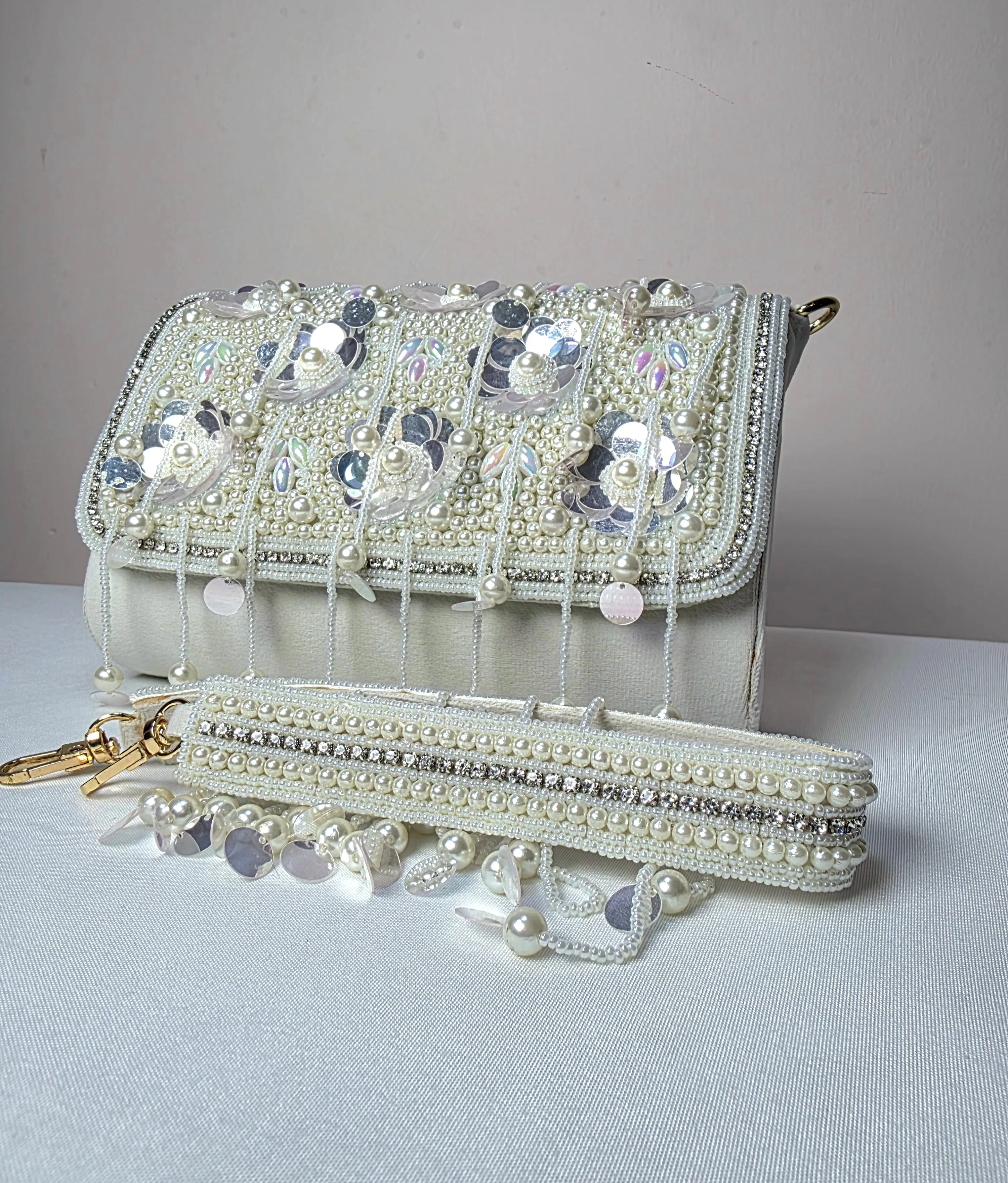 Opulent Pearl & Sequin Embellished Clutch with Detachable Strap