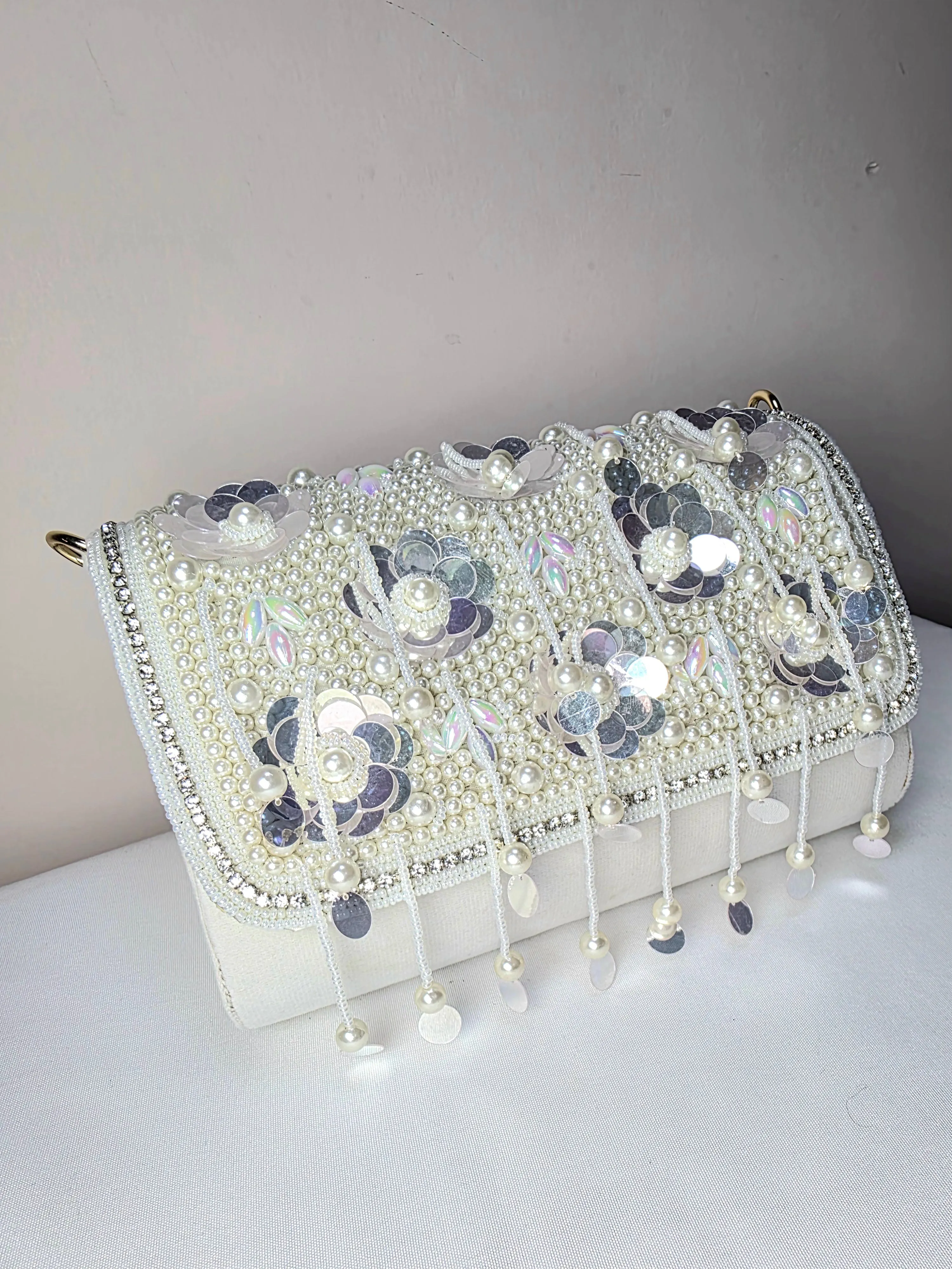Opulent Pearl & Sequin Embellished Clutch with Detachable Strap