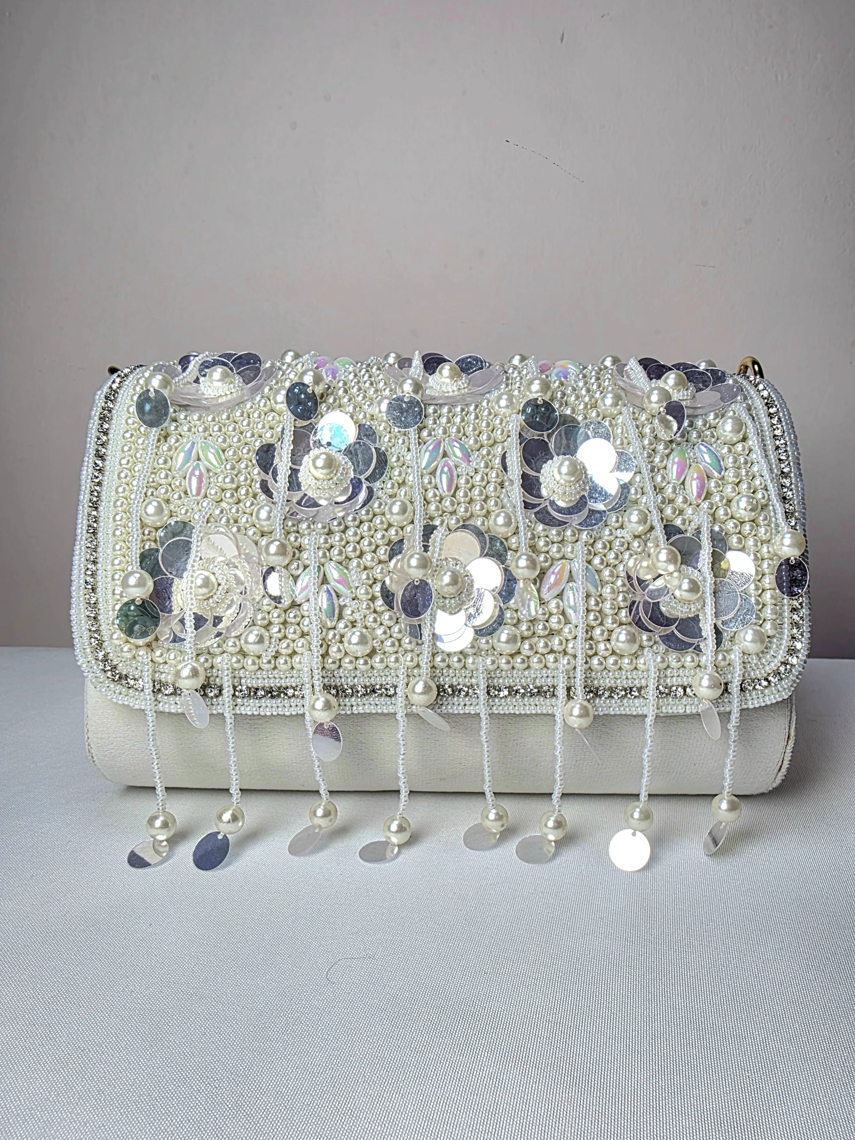 Opulent Pearl & Sequin Embellished Clutch with Detachable Strap