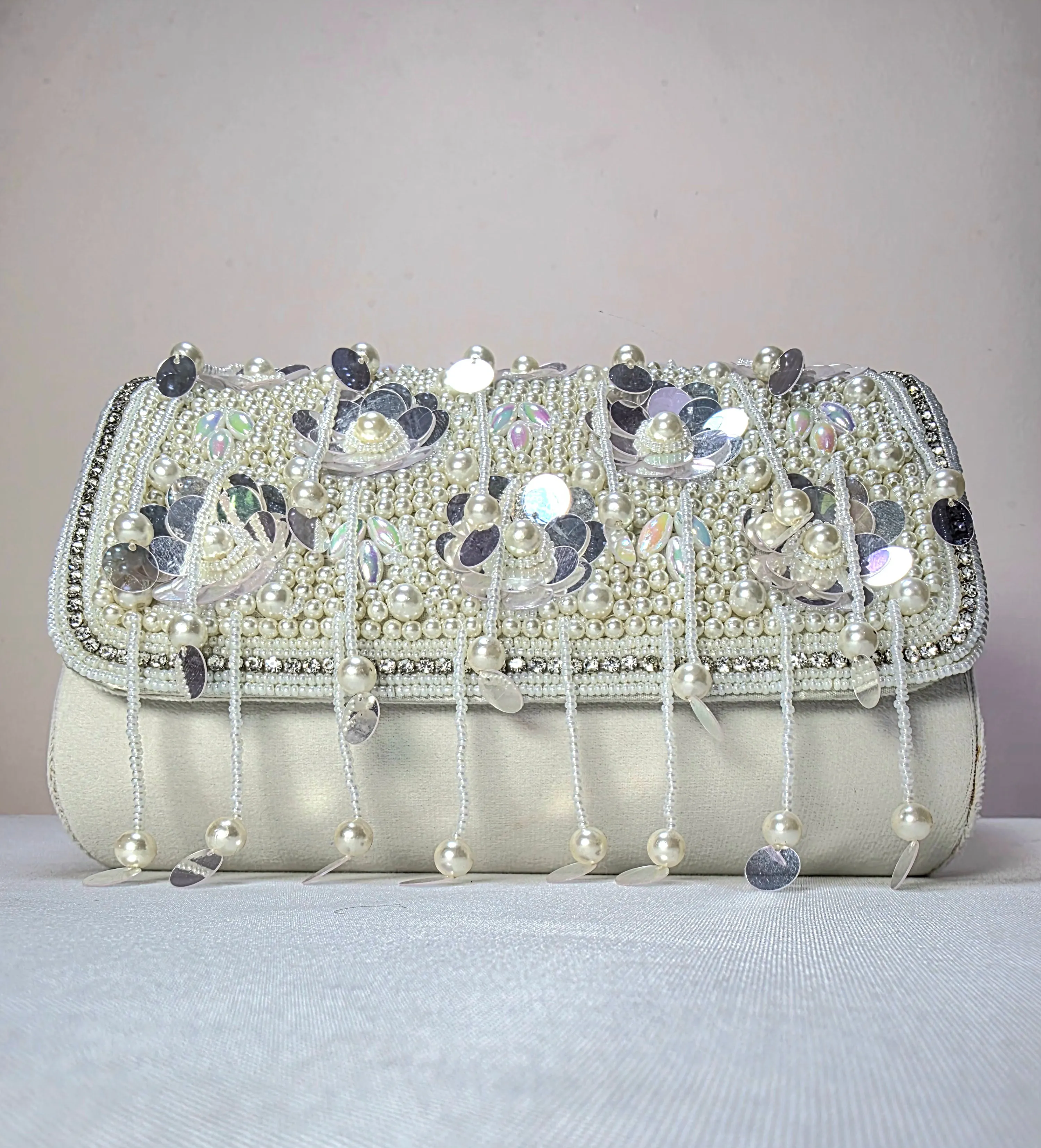 Opulent Pearl & Sequin Embellished Clutch with Detachable Strap