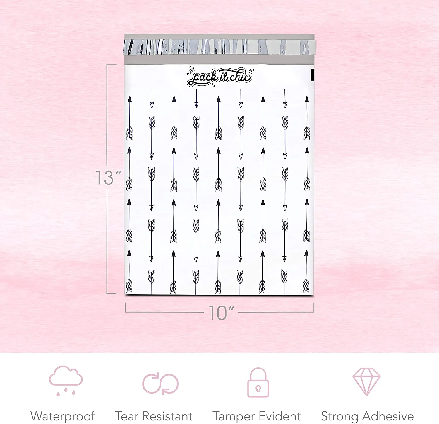 Pack It Chic - 10X13 (100 Pack) Arrows Pattern Poly Mailer Envelope Plastic Custom Mailing & Shipping Bags - Self Seal