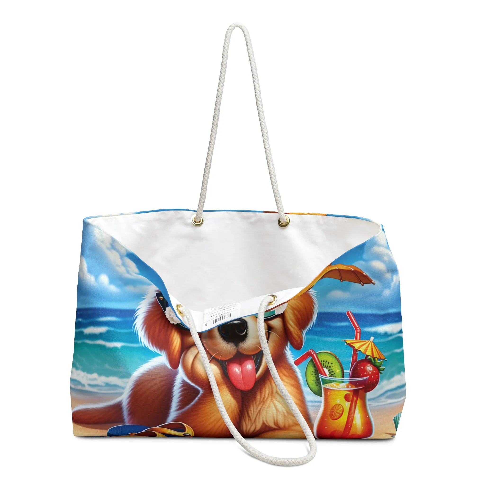 Personalised/Non-Personalised Weekender Bag, Summer Beach Dog, Golden Retriever, Large Weekender Bag, Beach Bag, Book Bag