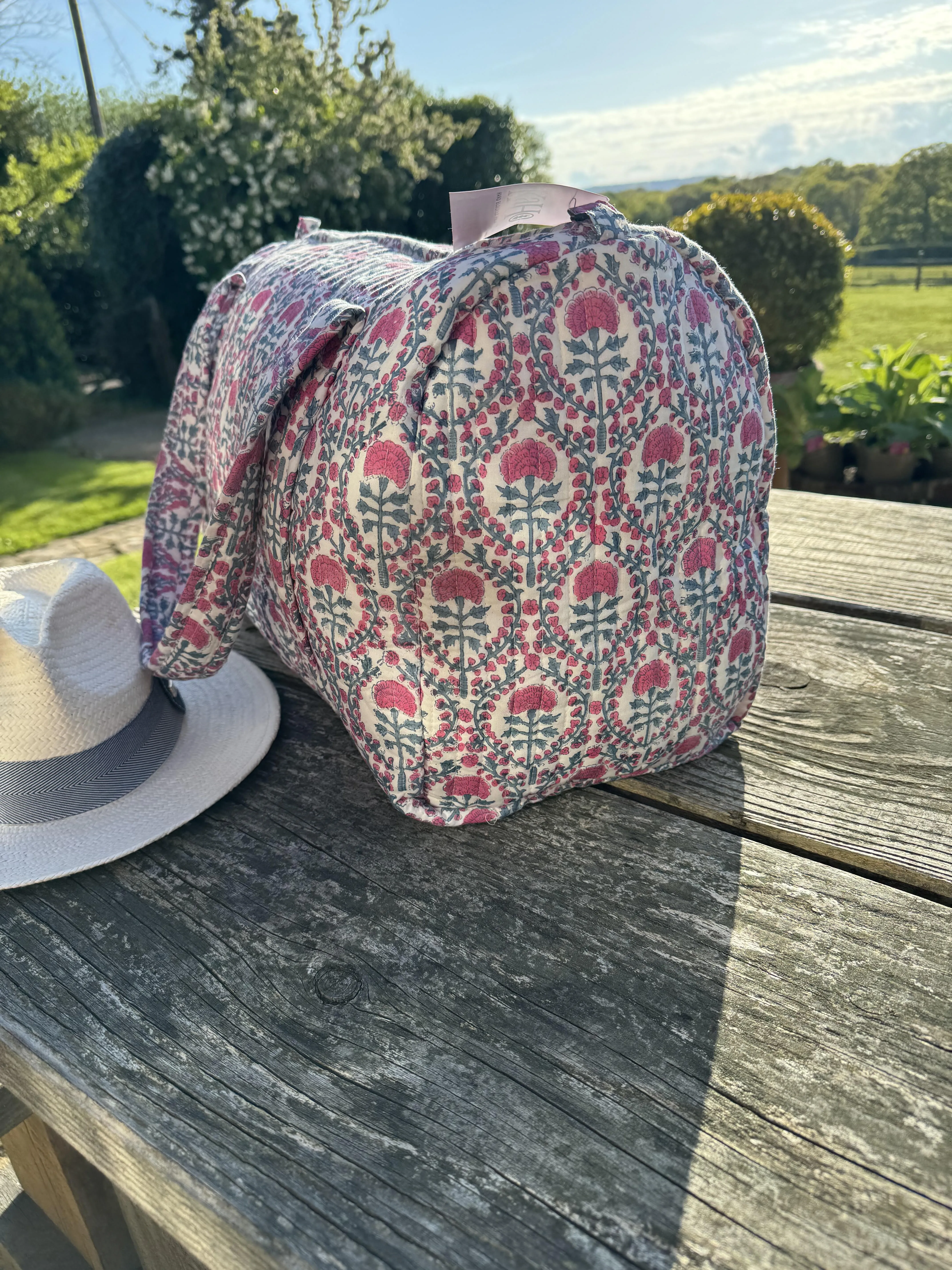 PINK AND BLUE TRELLIS WEEKEND BAG