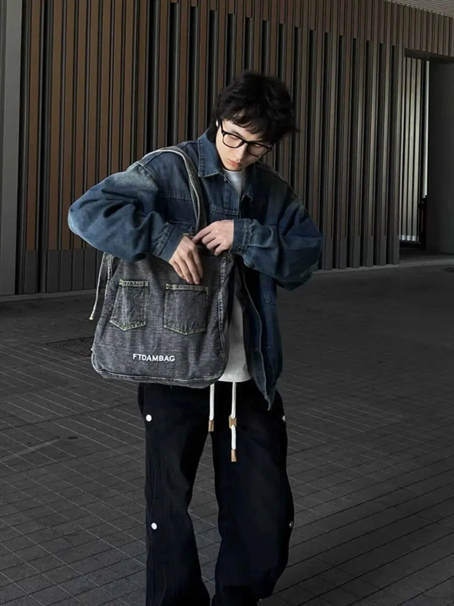 Pocket Design Denim-Style Tote Bag