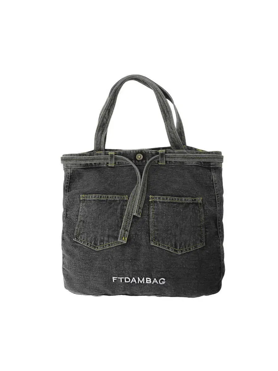 Pocket Design Denim-Style Tote Bag