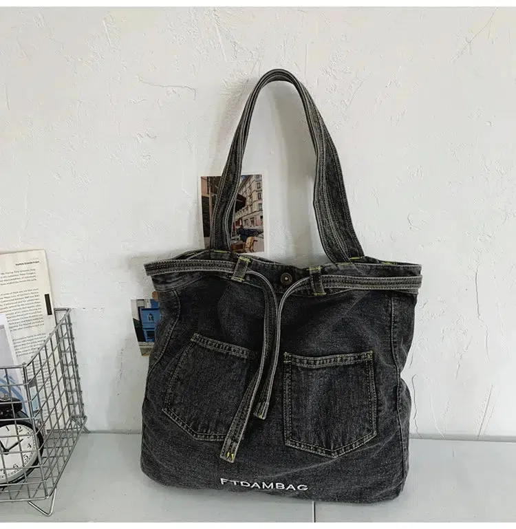 Pocket Design Denim-Style Tote Bag