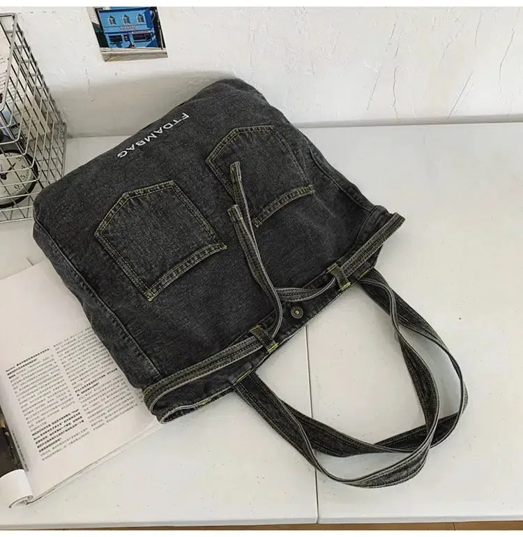 Pocket Design Denim-Style Tote Bag