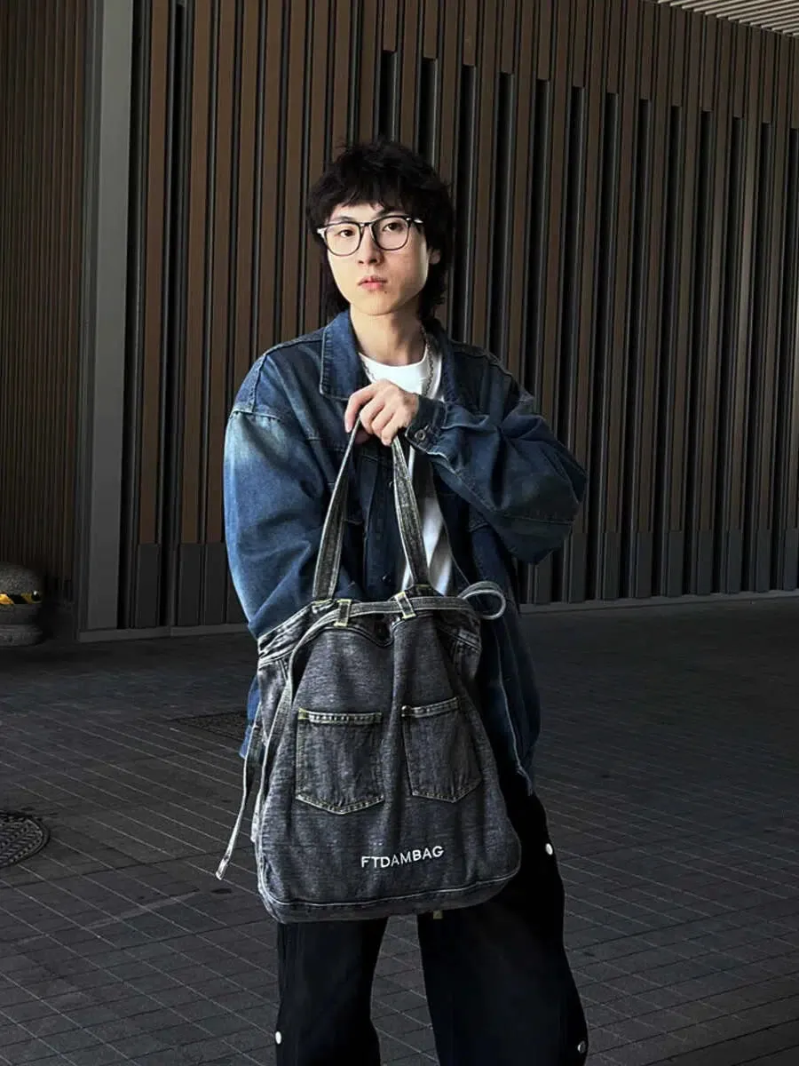 Pocket Design Denim-Style Tote Bag