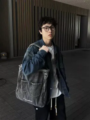 Pocket Design Denim-Style Tote Bag
