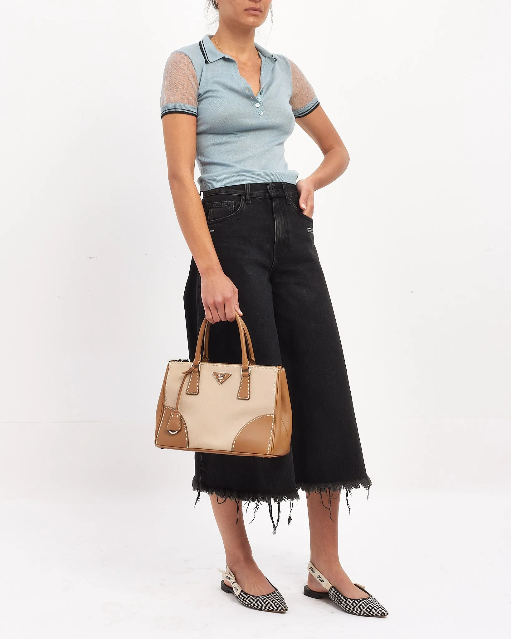 Prada Beige Leather and Canvas Double Zip Galleria Lined City Stitch Tote