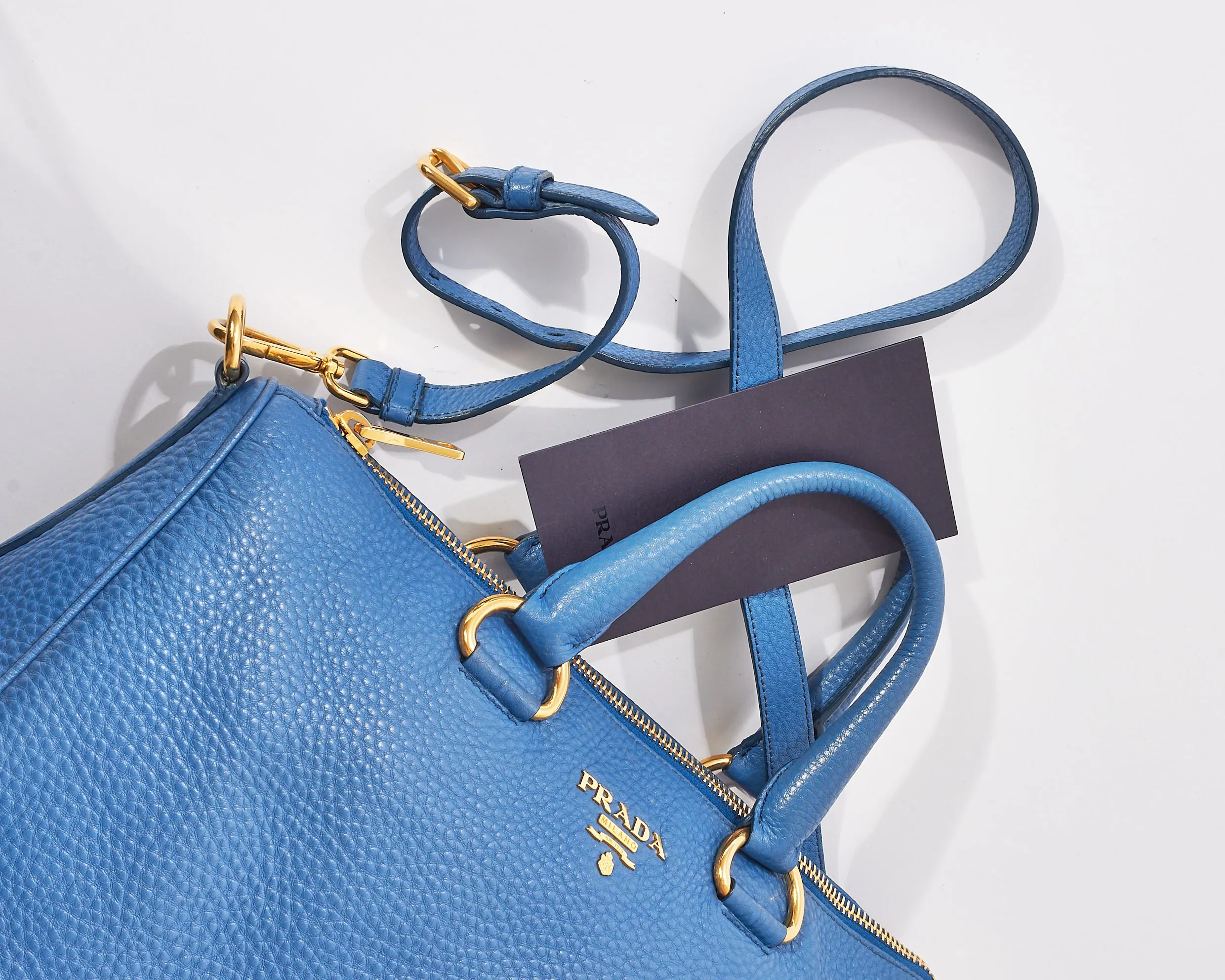 Prada Blue Leather Vitello Daino Shopper Tote