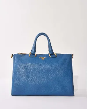Prada Blue Leather Vitello Daino Shopper Tote