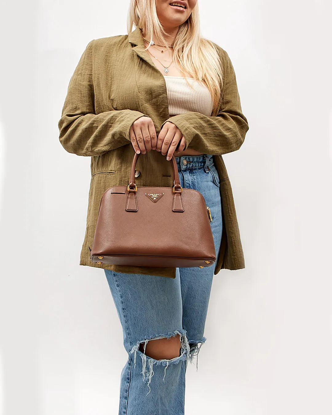 Prada Brown Saffiano Promenade Medium Lux Bag