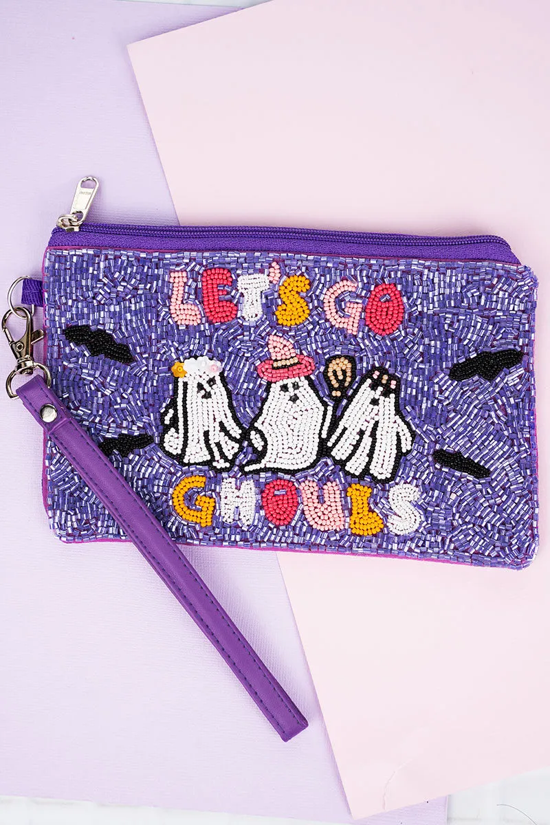 Purple 'Let's Go Ghouls' Seed Bead Wristlet Coin Purse