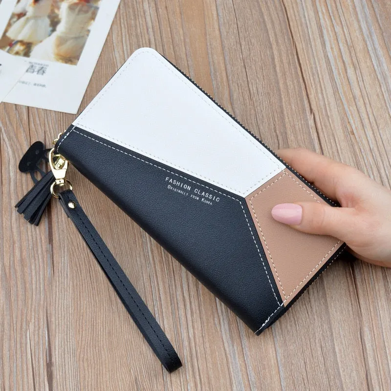 Realaiot Geometric Women Wallets with Zipper Pink Phone Pocket Purse Card Holder Patchwork Women Long Wallet Lady Tassel Short Coin Purse