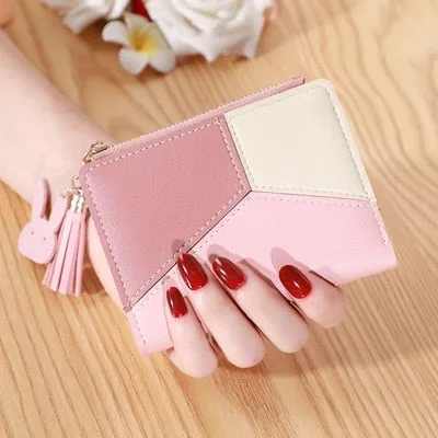 Realaiot Geometric Women Wallets with Zipper Pink Phone Pocket Purse Card Holder Patchwork Women Long Wallet Lady Tassel Short Coin Purse