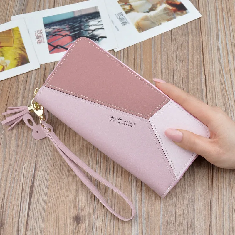 Realaiot Geometric Women Wallets with Zipper Pink Phone Pocket Purse Card Holder Patchwork Women Long Wallet Lady Tassel Short Coin Purse