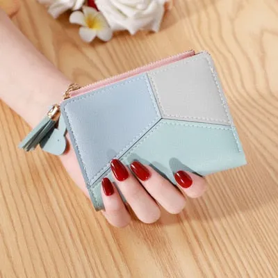 Realaiot Geometric Women Wallets with Zipper Pink Phone Pocket Purse Card Holder Patchwork Women Long Wallet Lady Tassel Short Coin Purse