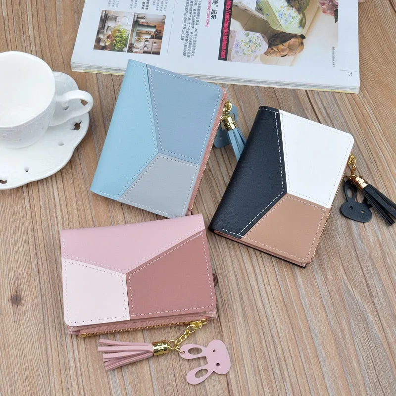 Realaiot Geometric Women Wallets with Zipper Pink Phone Pocket Purse Card Holder Patchwork Women Long Wallet Lady Tassel Short Coin Purse