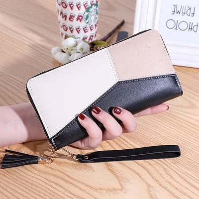 Realaiot Geometric Women Wallets with Zipper Pink Phone Pocket Purse Card Holder Patchwork Women Long Wallet Lady Tassel Short Coin Purse