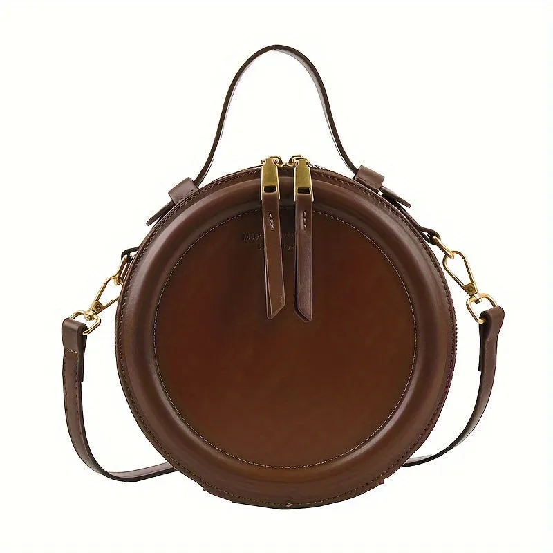 realaiot  Round Design Handbag For Women, Vintage PU Leather Crossbody Bag, Fashion Clutch Purses With Zipper