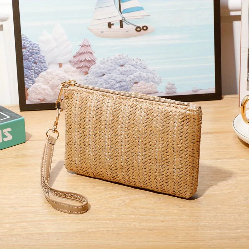 realaiot  Women's Straw Woven Wrist Bag, Boho Style Clutch Purses, Fashion Mobile Phone Bag