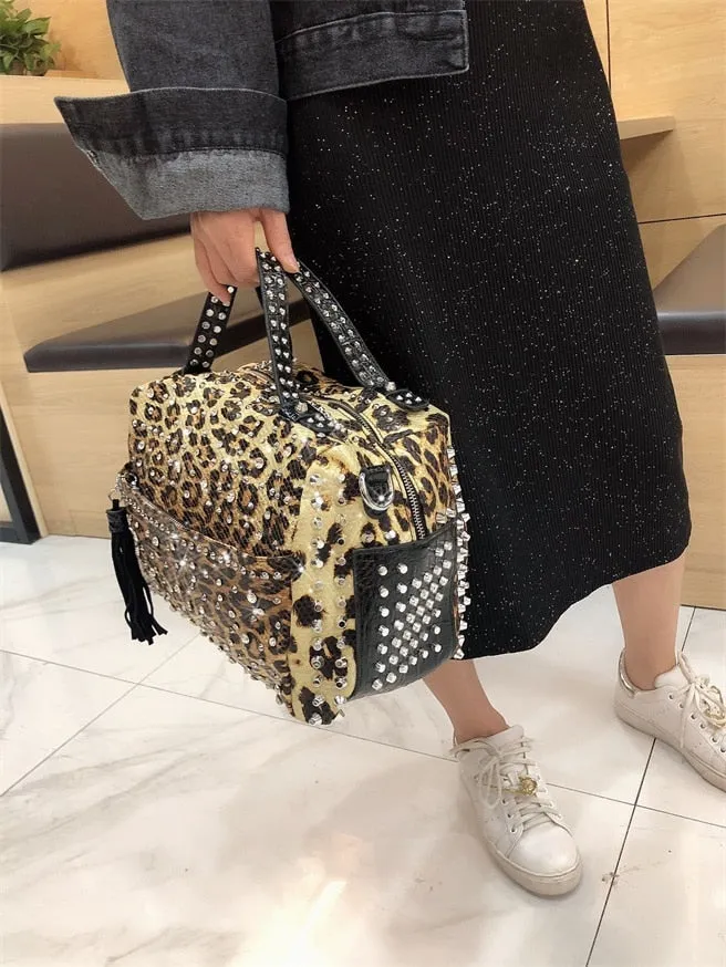 Retro leopard rhinestone handbag