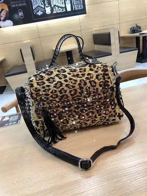 Retro leopard rhinestone handbag