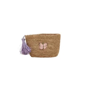 Rice DK Raffia Clutch with Butterfly Application - Lavender Pom Poms in Tea