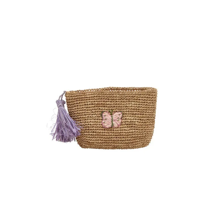 Rice DK Raffia Clutch with Butterfly Application - Lavender Pom Poms in Tea