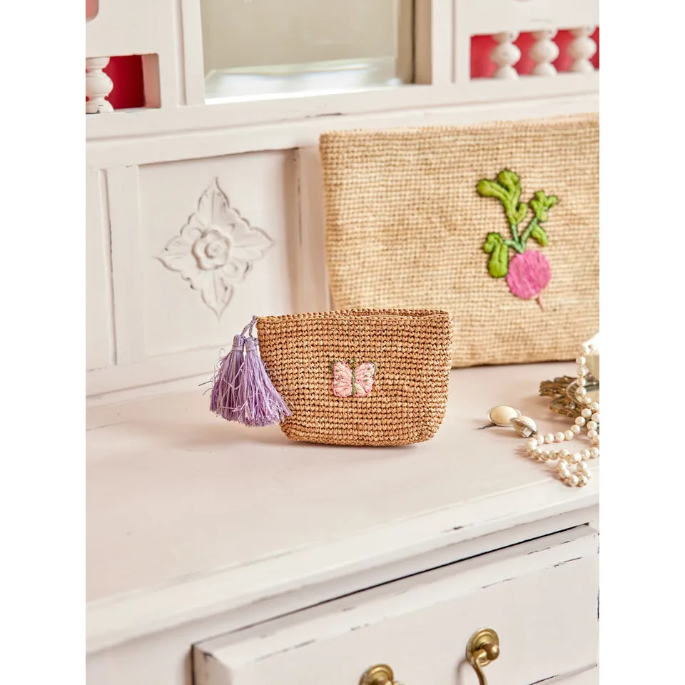 Rice DK Raffia Clutch with Butterfly Application - Lavender Pom Poms in Tea