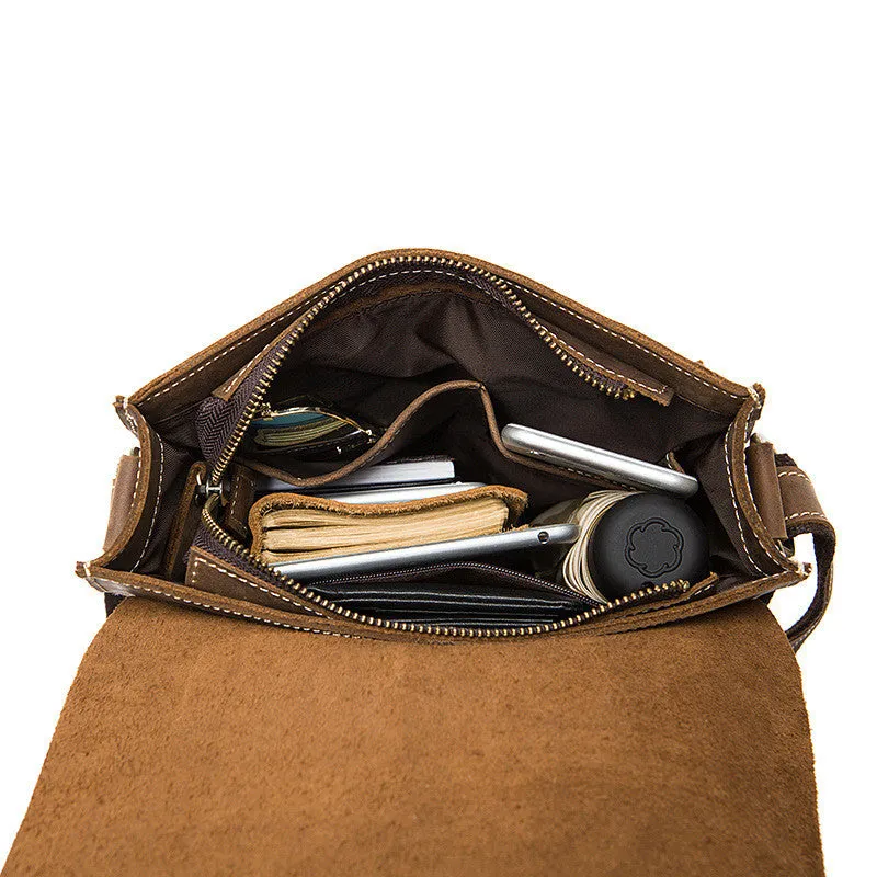 ROCKCOW Handmade Crazy Horse Men ‘s Leather Shoulder Bag, Vertical Messenger Bag 1093