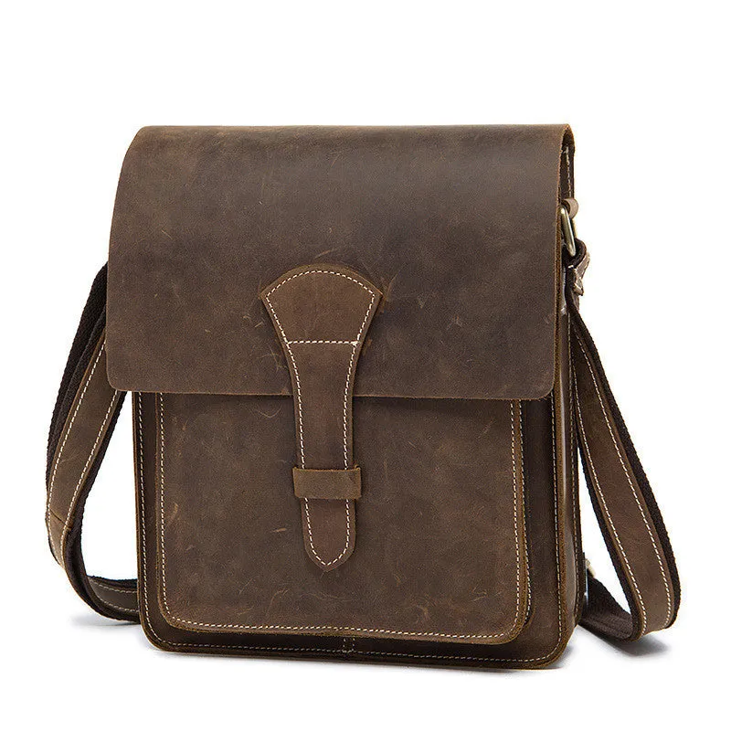 ROCKCOW Handmade Crazy Horse Men ‘s Leather Shoulder Bag, Vertical Messenger Bag 1093
