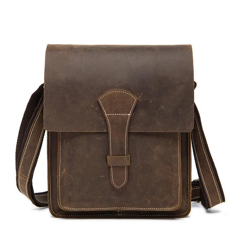 ROCKCOW Handmade Crazy Horse Men ‘s Leather Shoulder Bag, Vertical Messenger Bag 1093