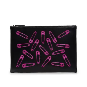 SAFETY PINS EMBROIDERED CLUTCH (FUCHSIA)