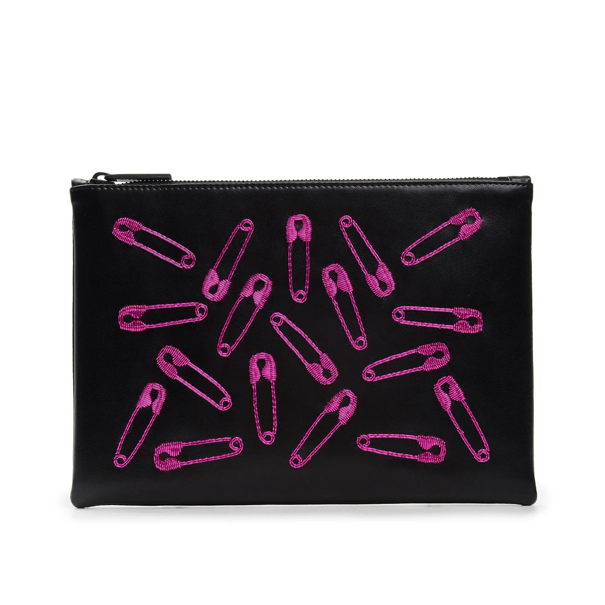 SAFETY PINS EMBROIDERED CLUTCH (FUCHSIA)