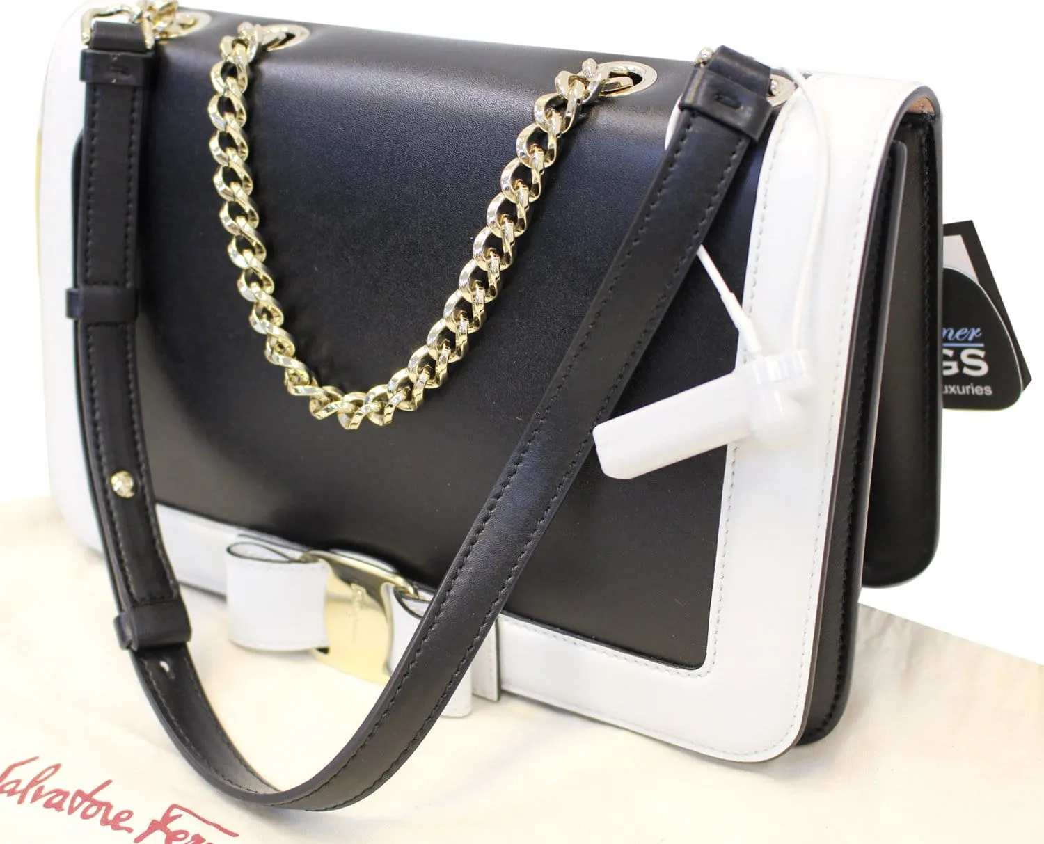 Salvatore Ferragamo Black/White Vara Flap Shoulder Crossbody Bag - Last Call