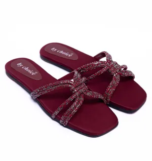 Shinestone Straps Fancy Maroon Women's Slipper
