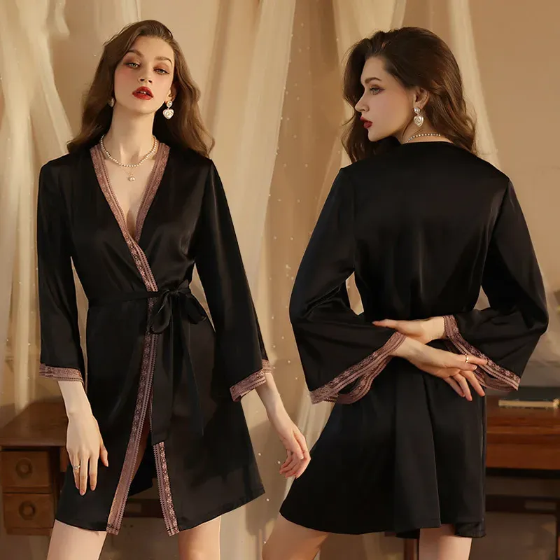 Silk Noir Lace-Trim Tie-Waist Kimono Robe