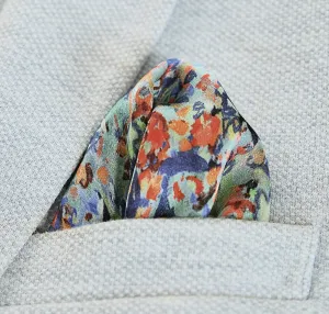 Silk Pocket Square Hand Painted Flower Field Blue