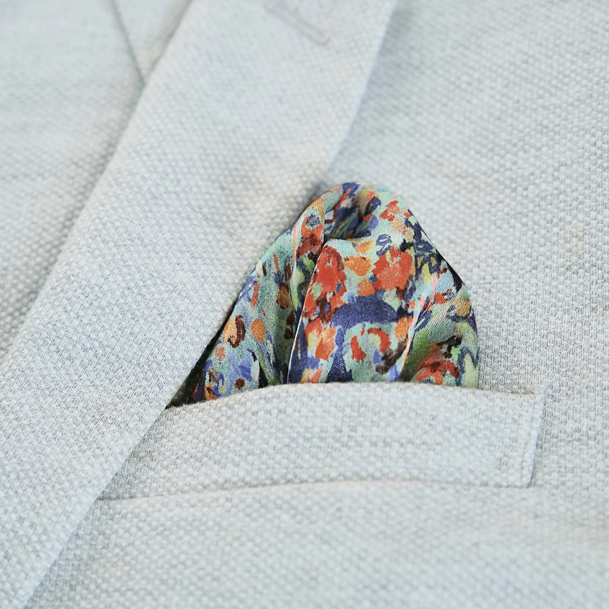Silk Pocket Square Hand Painted Flower Field Blue